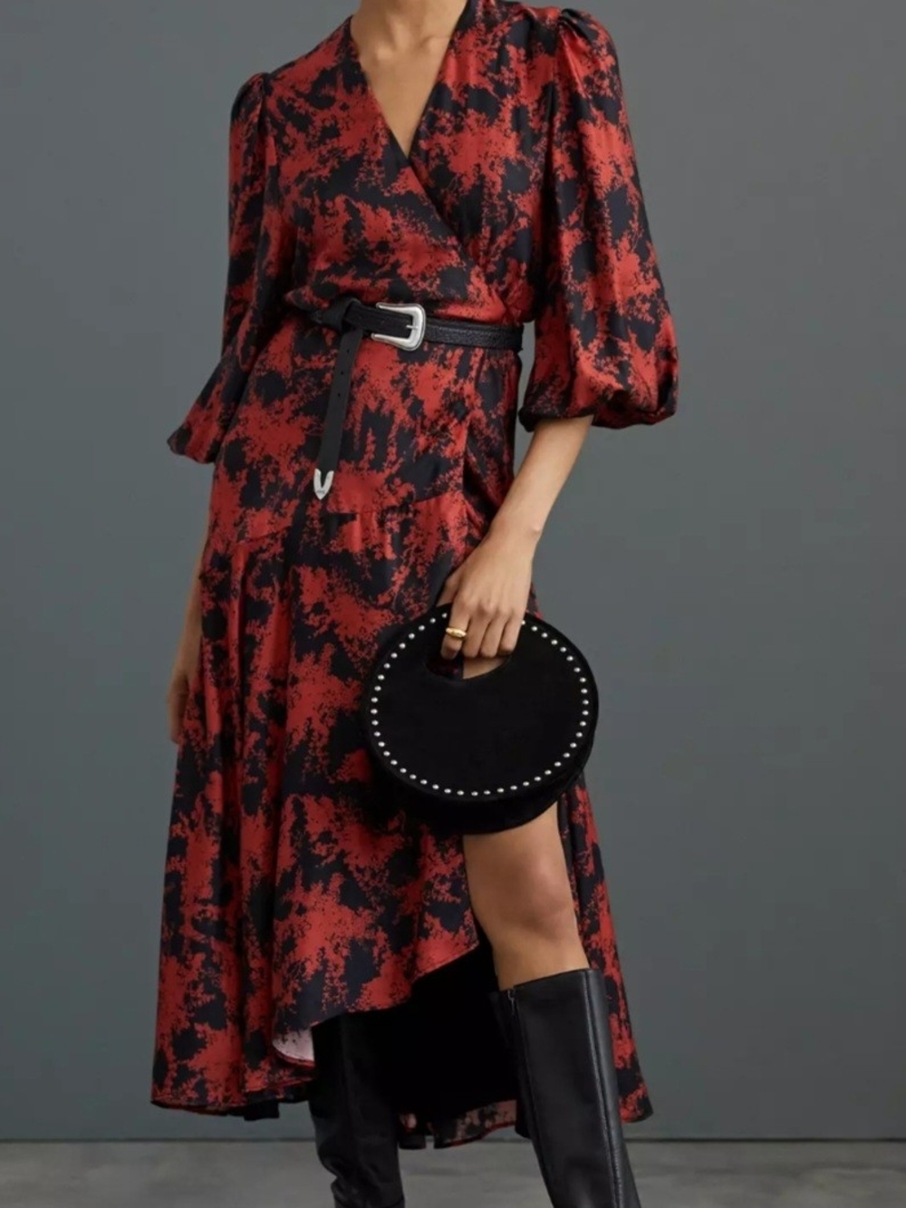 Anthropologie Caballero Red & Black Floral Wrap Midi Dress New  XS